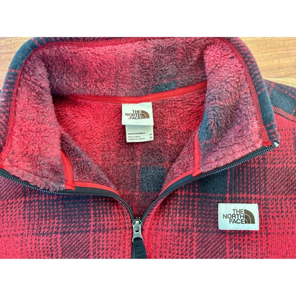 The North Face Mens Red Black Plaid Quarter Zip Fleece Pullover Jacket Size M